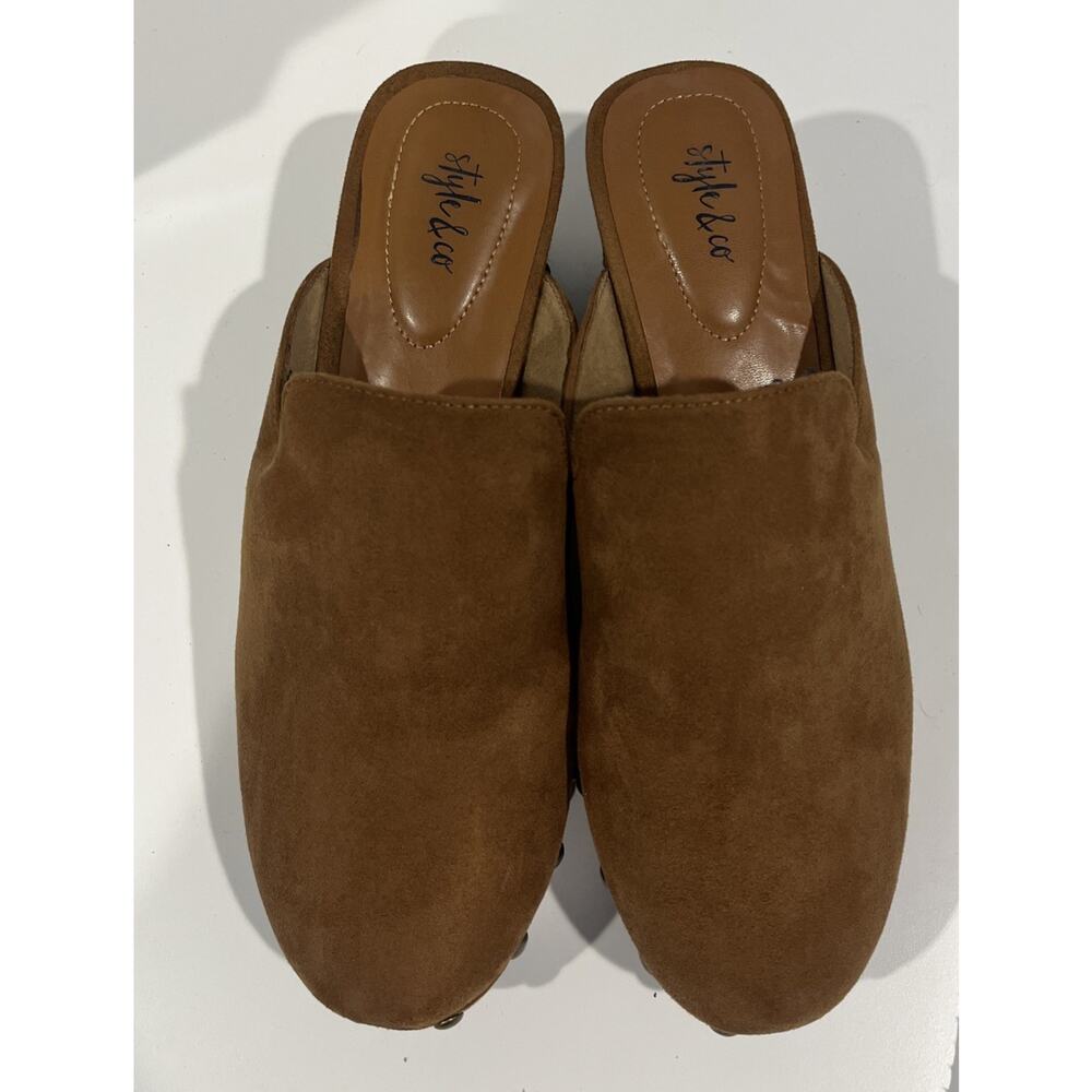 Clog Shoes Style & Co Trystan Women's 9M Brown Suede Studded Bock Heel Worn 1x - Picture 2 of 12
